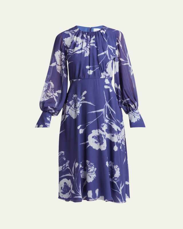 Gathered Floral Long Sleeve Silk Midi Dress